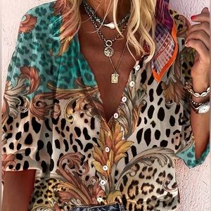 NWOT Leopard Floral Print Blouse, Boho Button Front